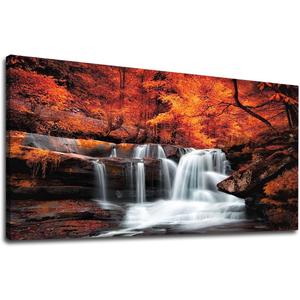 yearainn Autumn Forest Canvas Wall Art Waterfall Picture Stream River Landscape Red Tree Modern Canvas Artwork Contemporary Nature Picture Living Room Bedroom Home Office Wall Decor 29" x 58"