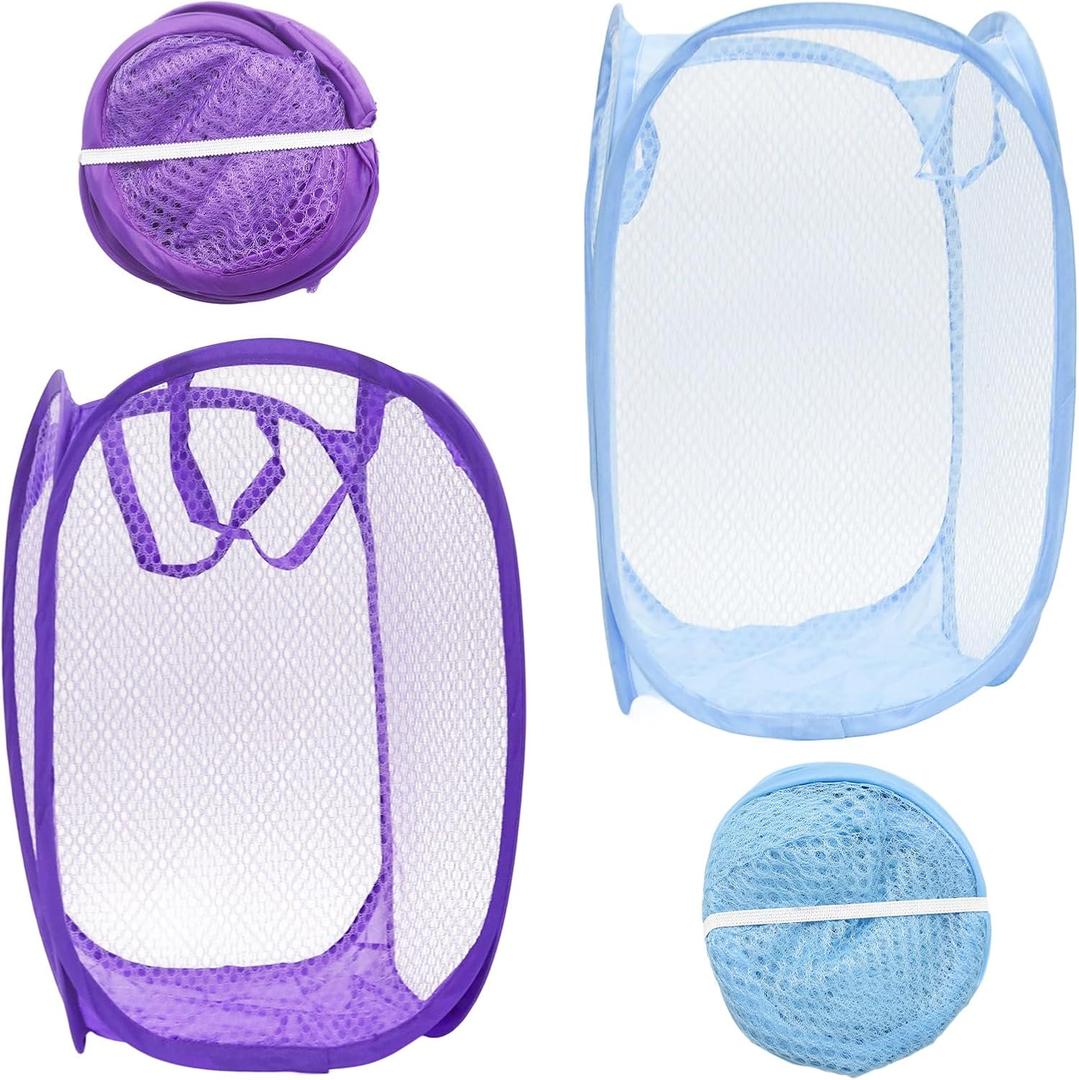 2Pcs Popup Mesh Laundry Baskets, Collapsible and Portable Laundry Hamper, Ideal for Travel and Home Use (Purple & Blue)