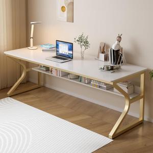 Extra Long Desk with Bookshelf - 71" Double Long Writing Table for 2-Person Workstation, Modern Study Work Computer Desk for Home and Office, Gold (71x23.6 inch)