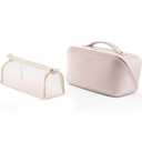 Vlando Makeup Travel Bag, Waterproof Toiletry Bags Portable PU Leather Make up Bag with Handle and Divider for Toiletries Travel Essentials(Apricot Pink)