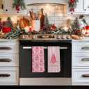 Pink Merry Christmas Tree Kitchen Towels, Coquette Christmas Tree Hand Towels for Bathroom, Preppy Pink Xmas Striped Holiday Dish Tea Towel for Kitchen Decor, 16x24 Inch Set of 2 (Color 17)