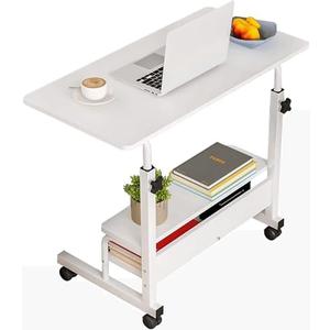 Adjustable Height Mobile Computer Desk for Small Space Rolling Writing with Wheels Corner Home Office Study Portable Bedrooms Work Size 31.5 Inch Storage Gaming Table, White D