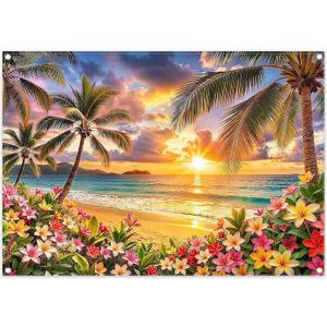 Fabric 7x5ft Beach Ocean Sunset Photography Backdrop Summer Hawaii Seaside Tropical Coconut Palm Trees Flowers Glow Background Luau Aloha Party Decorations Photo Banner