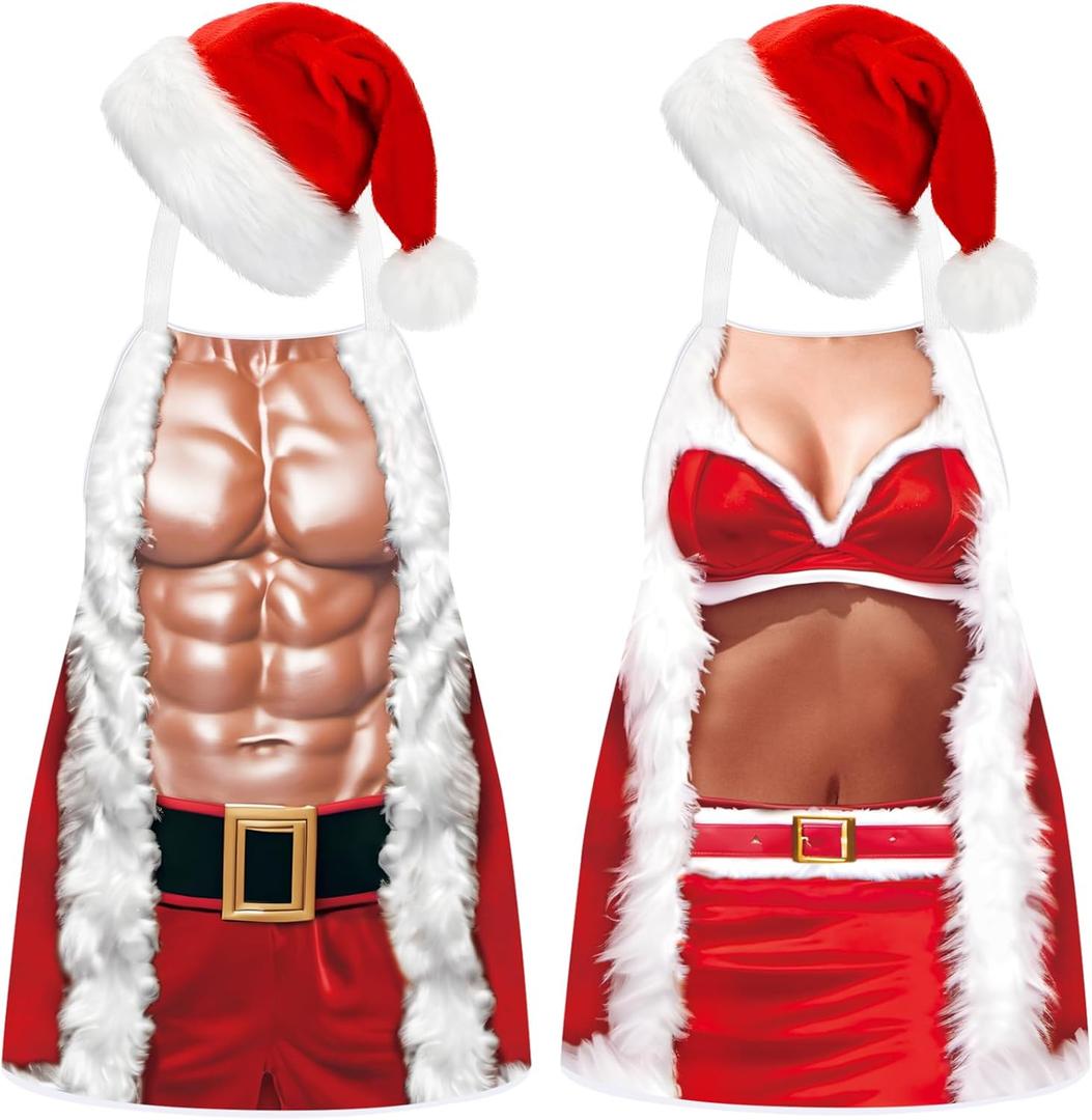 4 Pcs Christmas Aprons with Hats for Women Men Adjustable Kitchen Funny Cooking Aprons for BBQ Party