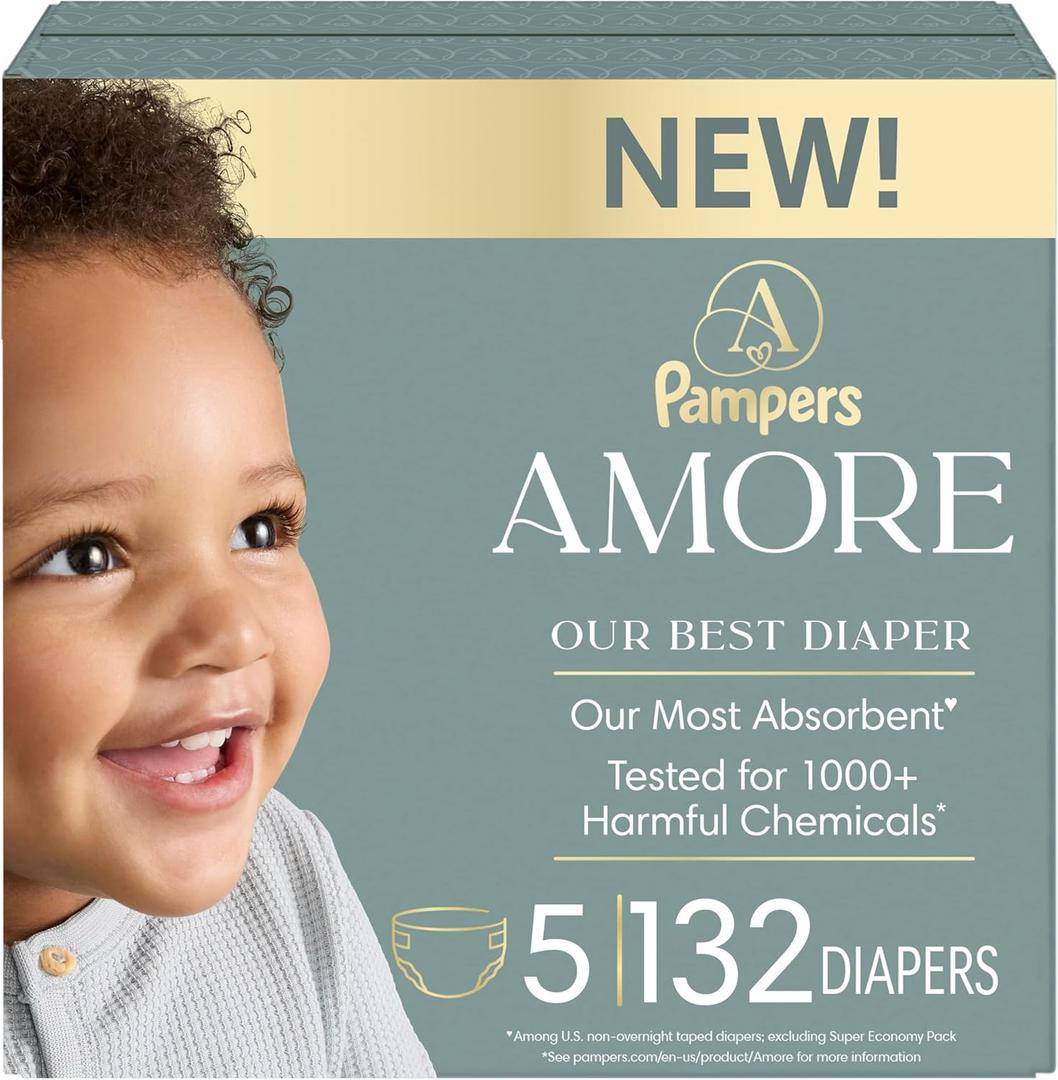 Pampers Amore, Size 5 (20-37 lbs), 132 Count, Our Best Diaper Hypoallergenic & Fragrance Free, Up to 100% Leakproof, Soft as Cashmere