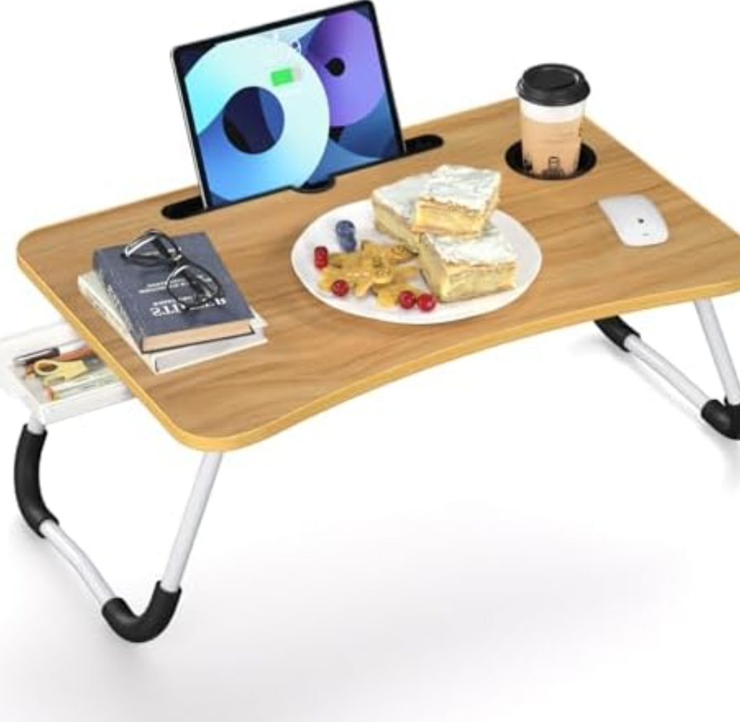 Foldable Laptop Bed Table Tray, Folding Lap Desk with Cup Holder, Portable Serving Breakfast Tray with Storage Drawer/Tablet Stand/for Working, Writing, and Eating on Bed, Sofa, Floor - Natural