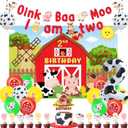 Jollyboom Farm Animal 2nd Birthday Party Decorations, Oink Baa Moo I Am Two Party Decorations Two Year Old 2 Backdrop Banner Cake Cupcake Topper Cow Pig Sheep Number 2 Foil Balloon for Boy Birthday