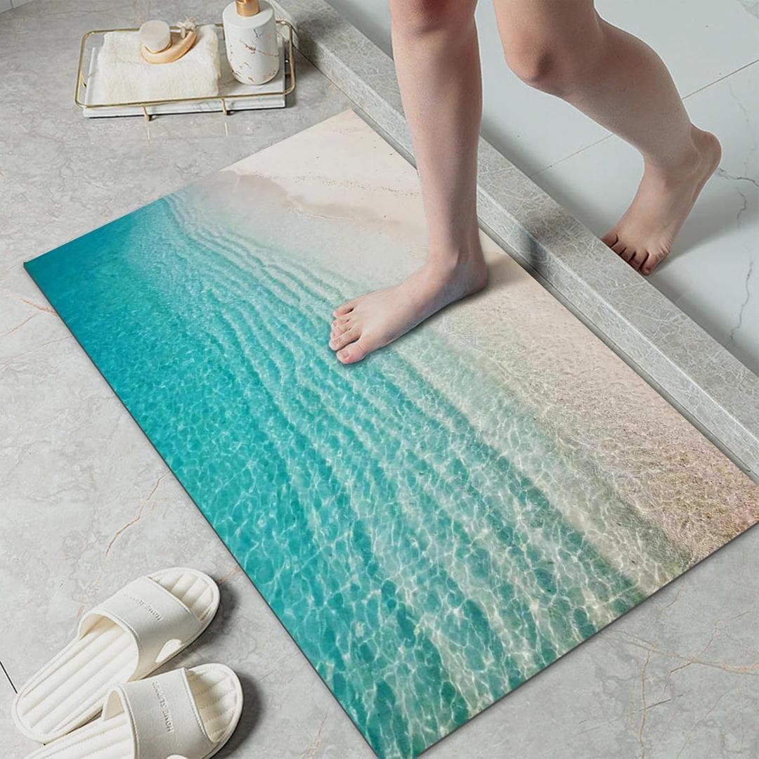 Ultra Thin Bath Mat, Teal Bath Mat, 1/10 in Thin Bathroom Rugs Fit Under Door, Non-Slip Rubber Backing, Absorbent, Quick-Dry, Washable Funny Beach Decor for Shower and Tub, 35X24''