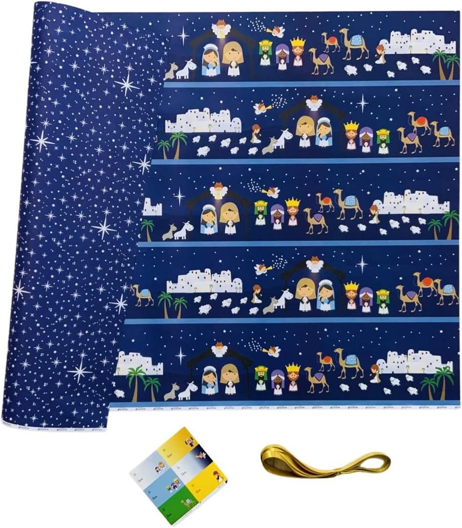 ECOARTTE BY GLENDA CHAVES-Nativity Scene and Stars; Reversible Complete Christmas Wrapping Paper Set; (Pack Includes: 6XL Sheets 37x24, 6 Adhesive Gift Tags, and 3 yards of Ribbon)
