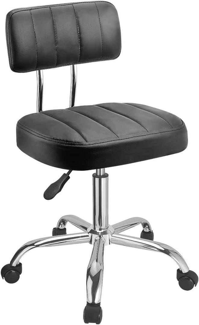 JOSTZHXIN Office Desk Chair with Wheels, Rolling Stool with Backrest Height Adjustable, Swivel Stool with Low Back Lumbar Support, Square PU Leather Swivel Chair with Back