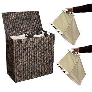 BirdRock Home Water Hyacinth Laundry Hamper Divided Interior (Espresso) | Eco-Friendly | Made of Hand Woven Hyacinth Fibers | Includes Two Removable Cotton Liners Bag | Wicker Laundry Basket with Lid