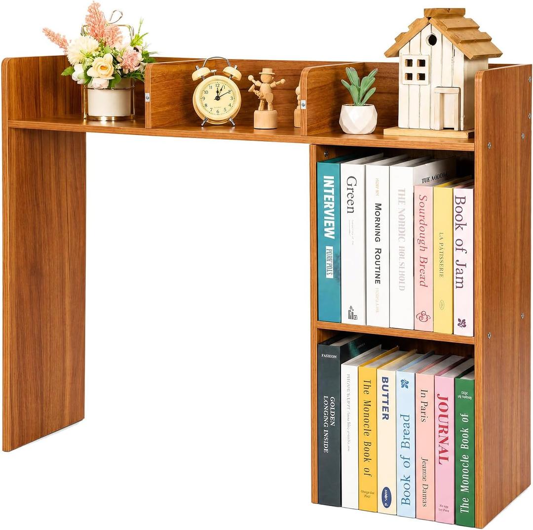 Wonderjune Desk Bookshelf Hutch for Dorm 37 x 29 x 9.5 Inch Wooden Desktop Organizer Countertop Storage Hutch with 5 Shelves for Computer Desk 3-Tier Rack for College Dorm Room Home Office(Brown)