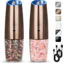 Rechargeable Electric Salt And Pepper Grinder Set, Automatic Gravity Electric Salt And Pepper Grinder Set, Adjustable Roughness, Led Light, 2 Pack, (Copper)