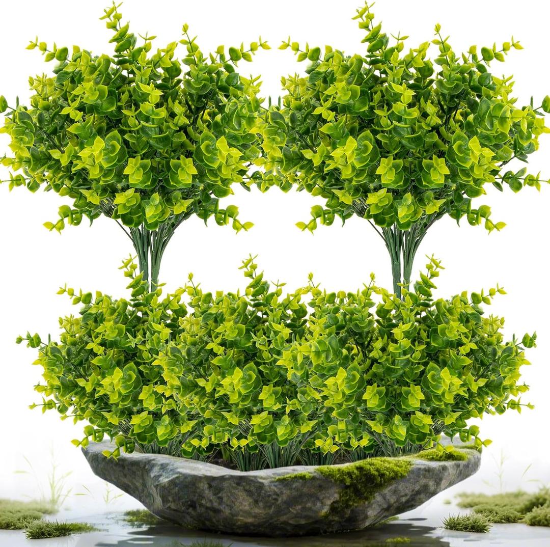 RAINFLOW 4PCS Artificial Eucalyptus Stems Fake Faux Plants - Realistic Deep Green Eucalyptus Leaves, Shapeable Stems for Vase Decor, Tabletop Greenery, Farmhouse Home Decor Seasonal Floral Styling
