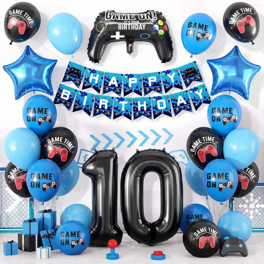 10th Birthday Decorations for Boys,Video Game Birthday Party Decoration with Blue Black Balloons Controller Foil Balloons Number 10 Balloon Happy Birthday Banner for Boys Game Theme Party Decor, 12/18inches