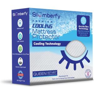Queen Size Waterproof Cooling Mattress Protector by Slumberfy - Premium Skin-Safe Cover, Natural Fabric with ArcticTex Technology, Noiseless Quilted Mattress Cover  60x80 in.
