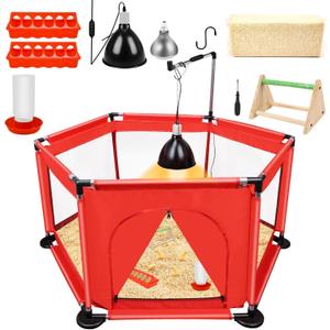 Chicks Brooder Box for Chicken Starter Kit- Includes Timing Heat Lamp Set, Detachable Chicken Brooder, Up to 15 Chicks, Sawdust, Chick Feeder and Waterer Set, Chick Perch 6-in-1 Chicken Coop Set.(Red)