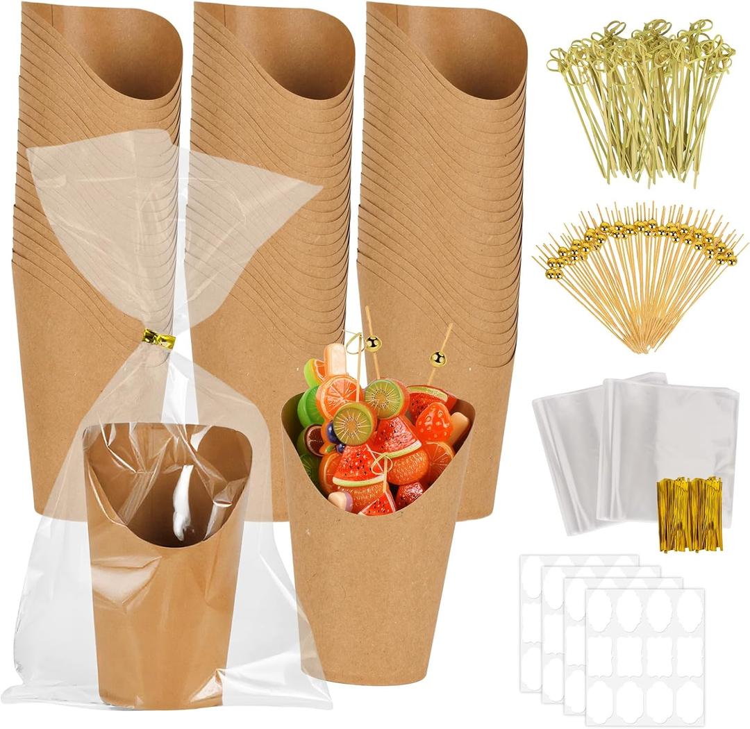100pcsCharcuterie Cups With Sticks, 12oz, Charcuterie Cups, +200 Cocktail Selections+120 Labels+100 Bags, Mini Paper French Fry Holder, Paper Cones For Food, Roast Meat Appetizer Cups For Parties
