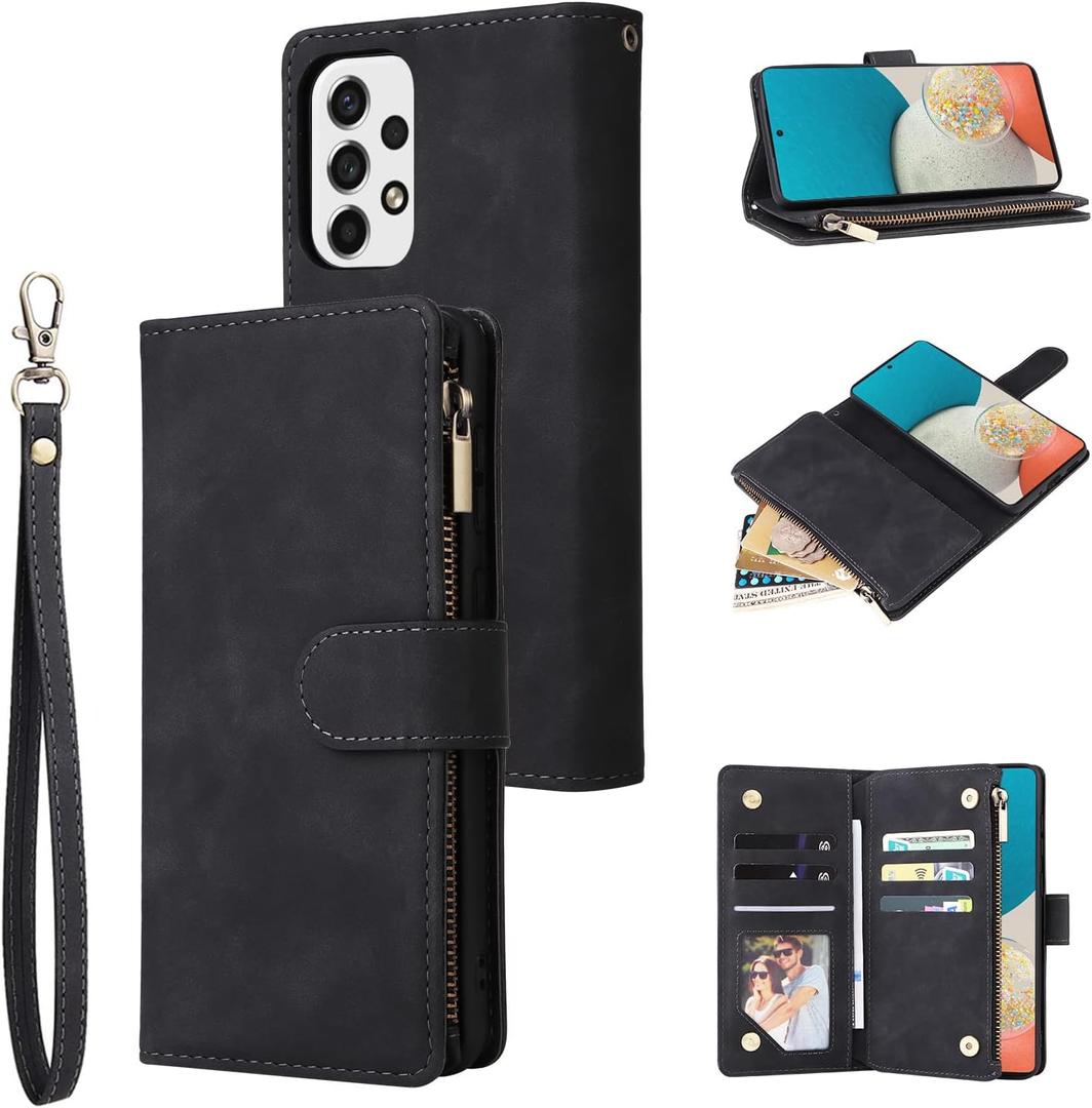 UEEBAI Wallet Case for Samsung Galaxy A53 5G, PU Leather Case Magnetic Closure Handbag Zipper Pocket Case Kickstand Card Slots with Hand Strap Marple Flip Case for Women - Black