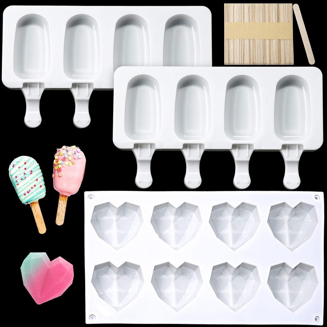 2 Pieces 4 Cavity Oval Ice Lolly Molds Silicone Ice Cream Cake Pop Molds, 8 Cup Diamond Geometric Heart Shaped Chocolate Molds with 50 Pieces Wooden Sticks for Valentines Day Baking