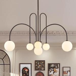 Sputnik Chandelier Brown,6 Lights Large Modern Chandelier L40Mid Century Long Ceiling Pendant Light Fixtures for Dining Room with Milk Glass Globe Shades for High Ceiling Foyer Living Room