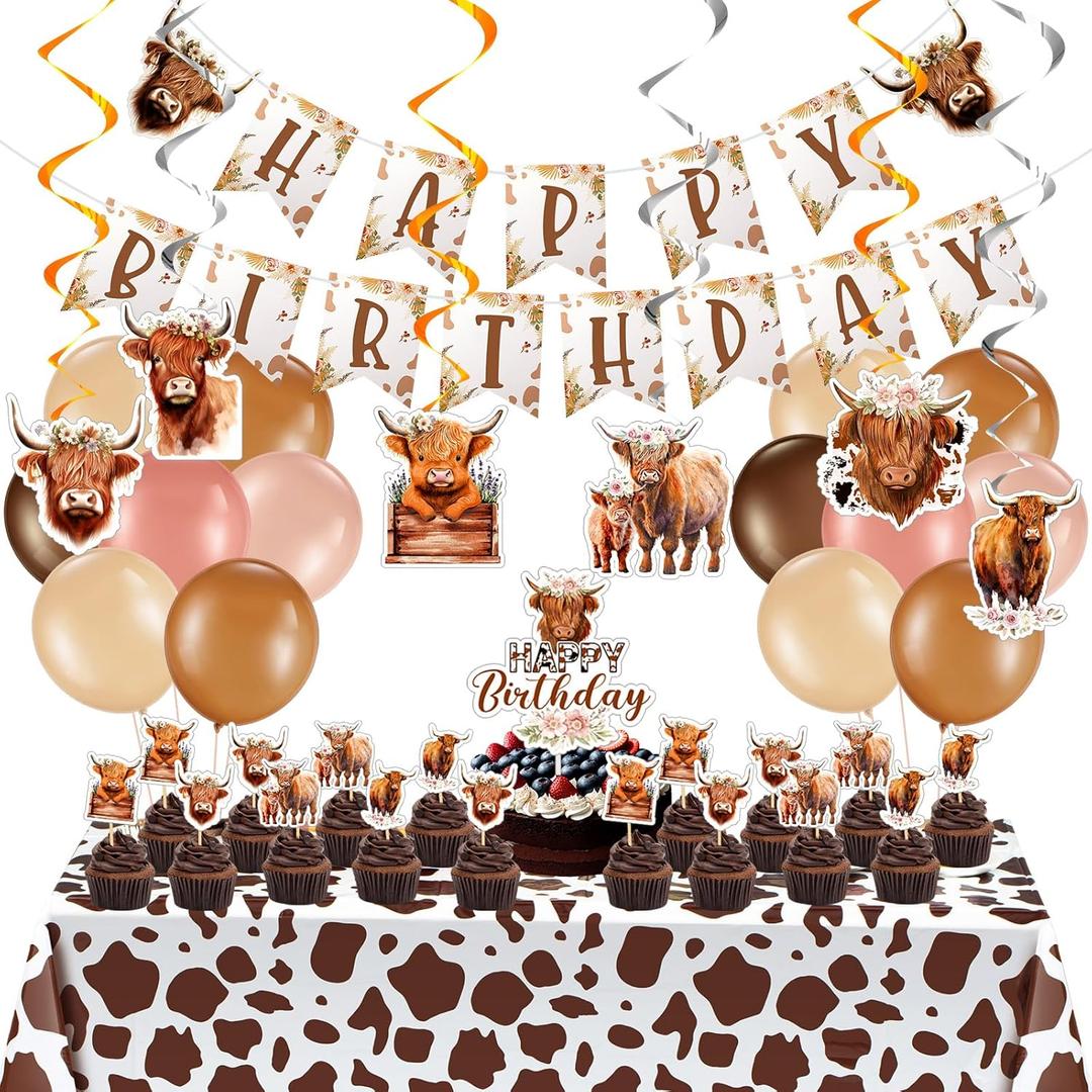 Highland Cow Birthday Party Decorations Cute Boho Cow Party Supplies with Retro Floral Birthday Banner Hanging Swirls Cattle Cake Toppers Balloons Tablecloth for Girls Boys