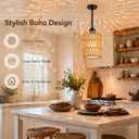 Rattan Pendant Light, 6 Inch 2-in-1 Boho Hanging Fixture with Iron Rods & Linen Shade, Adjustable Height & Sloped Ceiling Compatible for Kitchen Island Dining Room Farmhouse Bedroom, 2 Pack