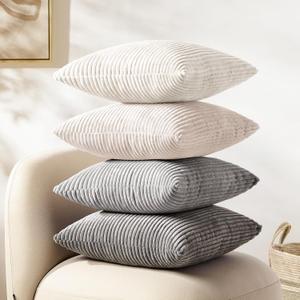 Softalker Decorative Throw Pillow Covers 16x16, Set of 4, Soft Corduroy Solid Striped Pillow Cover, Modern Decor Cushion Pillow Cases for Couch Sofa Bedroom Living Room, White/Grey