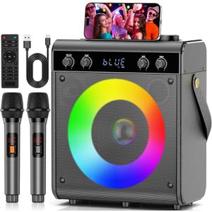 Karaoke Machine with 2 Wireless Microphones, Portable Bluetooth Speaker for Adults Kids with Bass Treble Echo PA System with Remote,LED Light, Supports TF Card,USB,AUX in,TWS,FM,REC for Party (Gray)