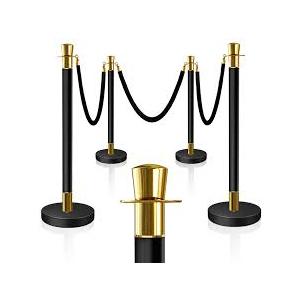 8PCS Top Crown Decoration Black-Gold Stanchions Posts with 4PCS 5 ft Black Velvet Rope, Red Velvet Rope Stanchion Set Crowd Control Barriers, Stanchions and Velvet Ropes Red Carpet Poles for Party