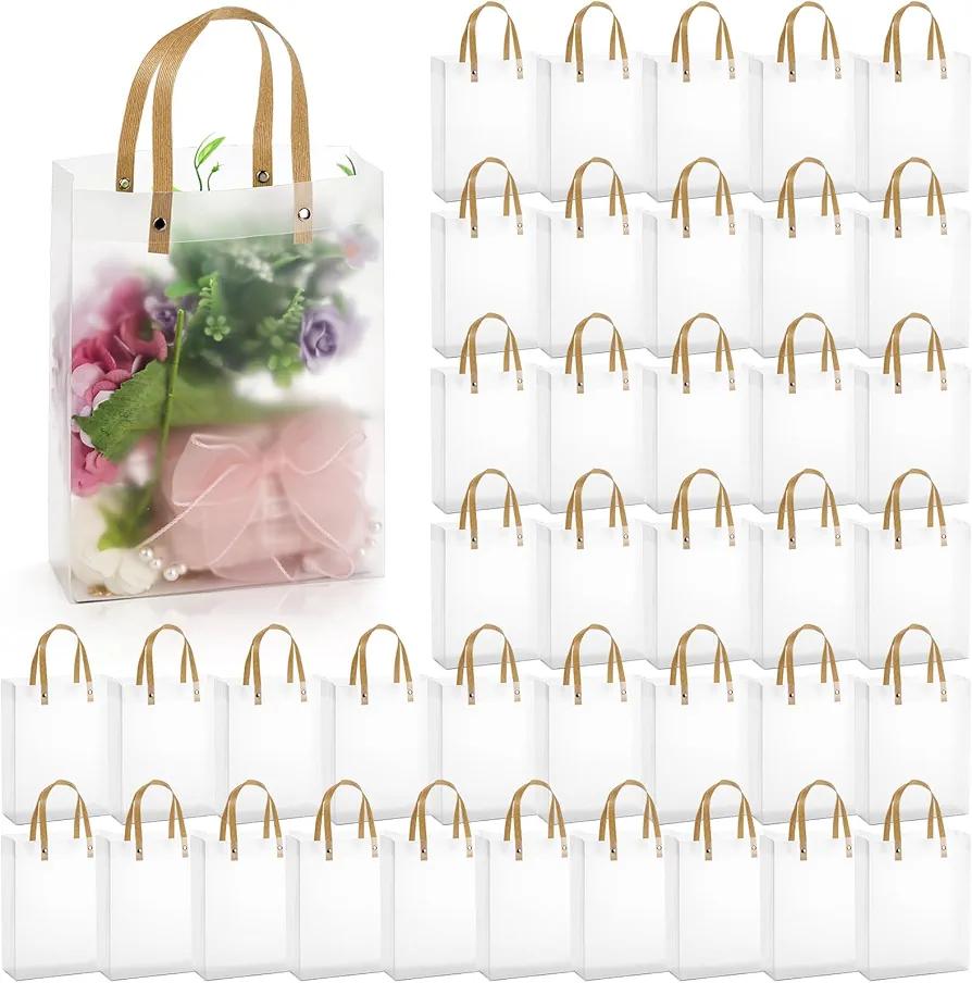 Cididu 40 Pieces Clear Gift Bags with Handles, White Frosted PVC Candy Bags 8''x3''x10'', Reusable Translucent Wrap Tote Boutique Bags for Wedding Shopping Party, Tear Resistant