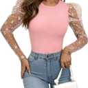 OYOANGLE Women's Floral Embroidery Mesh Puff Long Sleeve Tee Slim Fitted Knit Casual Blouses Tops (M)