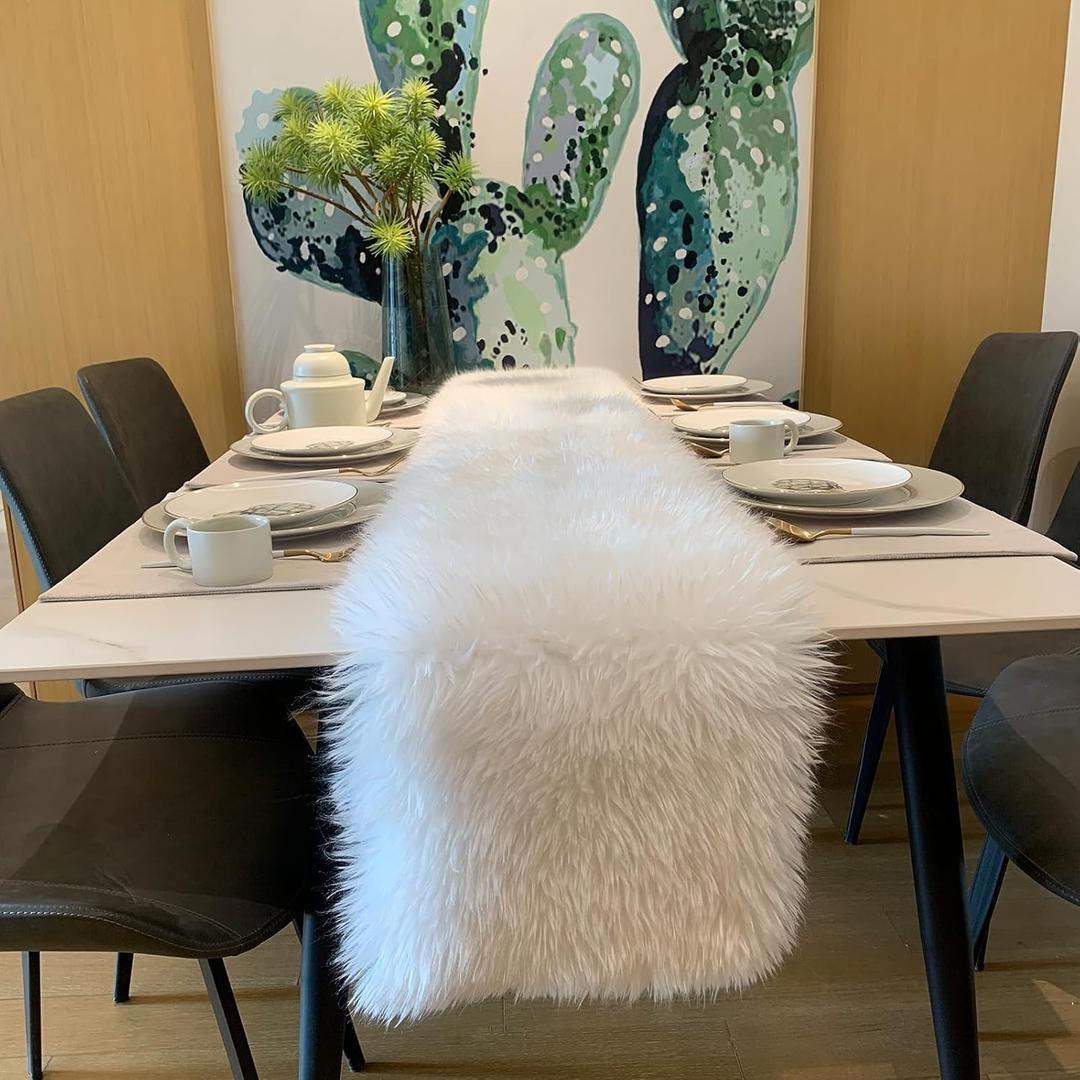 Table Runner,Christmas Fur Table Runner for Party Birthday Friendsgiving Wedding Dinning White Fur Runner,Faux Fur Runner for Table(White,12x35.4 Inch)