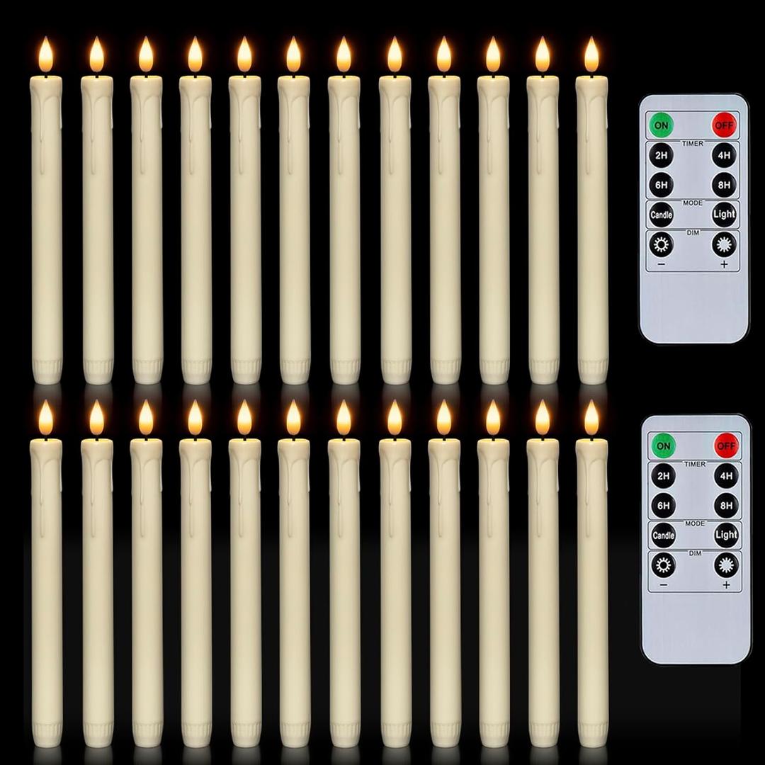 Homemory 24 Pcs Flameless Taper Candles with Remote, Timer, Dimmer, Plastic Battery Operated Candle Sticks, Ivory Led Window Candles with Flickering Light, 9.6 Inches for Halloween Christmas Decoration