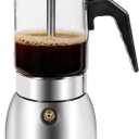 Moka Pot Stovetop Espresso Maker, Crystal Glass-Top & 304 Stainless Steel Italian Coffee Brewer, 300ml 6-Cup Espresso Pot for Home & Camping, Silver