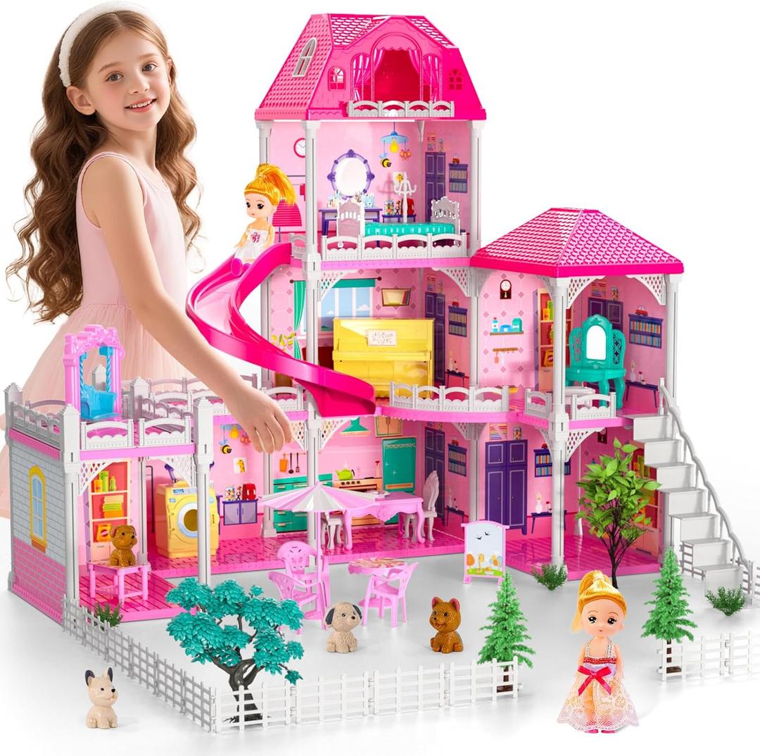Doloowee 3-Level DIY Dollshouse for Girls with 7 Themed Rooms, 2 Dolls & 4 Dogs - Dolls House Toys with Slide, Furniture & Accessories for 4-8 Years Old