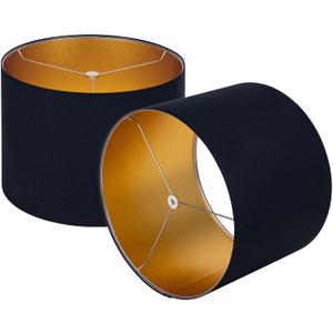 Wellmet Blackgold Set of 2 Drum Lampshades, Easy Assembly Required 14" Top x 14" Bottom x 11" High Replacement Lamp Shades, Fabric Lampshades for Table Lamps Floor Lamps, Metal Spider Fitter
