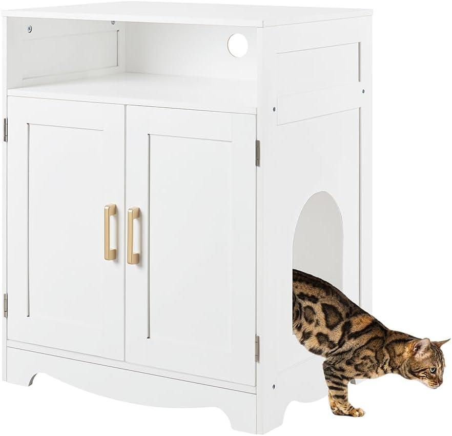 Cat Litter Box Furniture, Cat Washroom House Hidden Litter Box Enclosure, Wooden Nightstand End Table, Indoor Pet Furniture Cabinet Pet Crate (White, 2 Entrances)