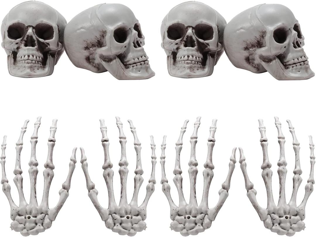 8 Pieces Halloween Decoration Set Includes 4 Halloween Mini Skulls Realistic Looking Skulls and 4 Skeleton Hands Plastic Fake Human Hands for Decoration