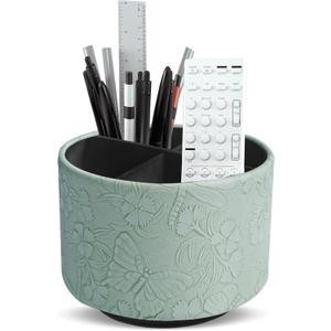 Round Leather Art Supply Organizer,Remote Control Holder,360-degree Rotating Pen Organizer with 4 Compartments(1-Butterfly Green)