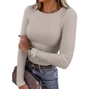 ANRABESS Women Long Sleeve Shirts Rib Knit Slim Fit Tops Basic Tee 2025 Fall Outfits Casual T-Shirt Underscrubs Layer Clothes (Medium, Dark Khaki)
