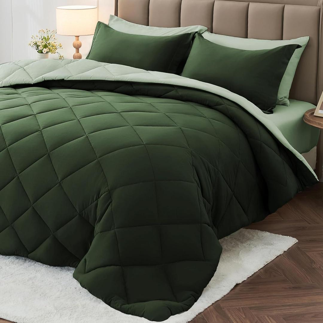 MUXHOMO 7 Pieces Full Comforter Set, Reversible Bed in a Bag Full Size, All Season Bedding Set with Comforter, Flat Sheet, Fitted Sheet, Pillowcases & Shams, Dark Green & Light Green
