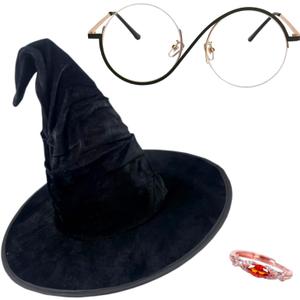 Green Witch Cosplay Glasses, Witch Hat, and Witch Ring Accessories for Halloween Movie Cosplay Props,Suitable for Musical Fans and Roleplay Parties