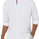 Alimens & Gentle Men's Cotton Linen Shirts Long Sleeve Button Down Shirt Band Collar Beach Shirts (White, L)