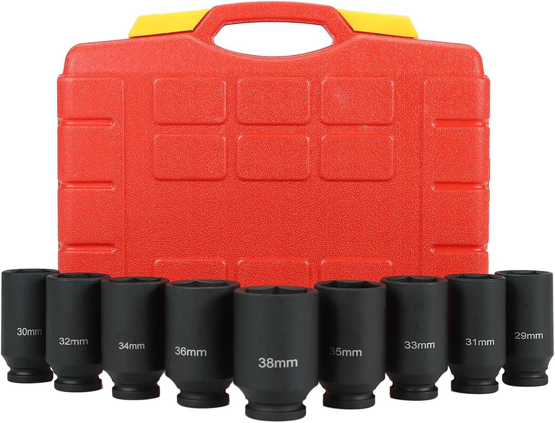 9PCS 1/2" Drive Deep 6-Point Impact Socket Set, Metric,Cr-Mo,29-38mm Radius Corner Design with Heavy Duty Storage Case
