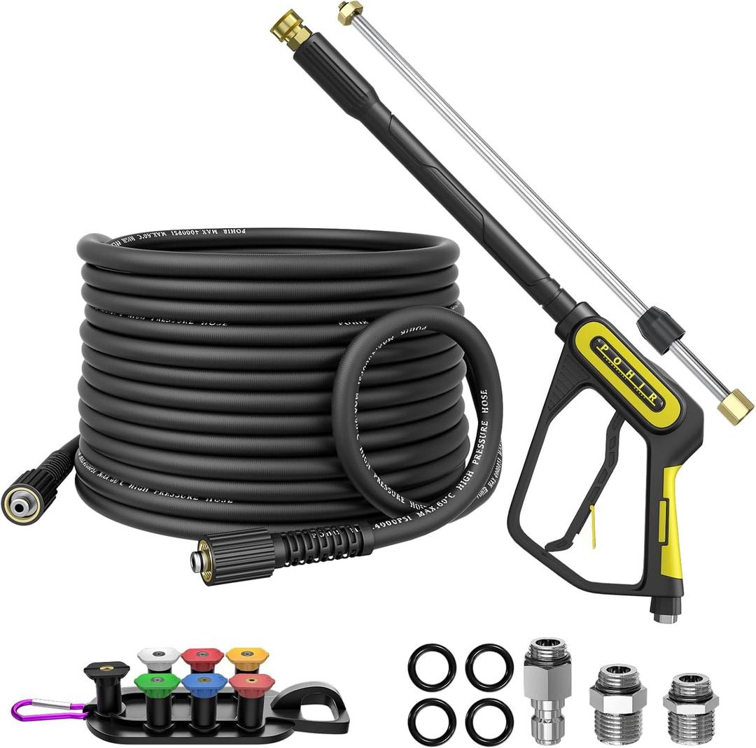 POHIR 5000PSI Pressure Washer Gun and 50ft Hose 4000psi, Extension Wand Adjustable Length, Kit with 3/8" Swivel Plug & M22-14/15mm Fitting & 7 Nozzle Tips for Cleaning (5000psi Gun with 50ft Hose)