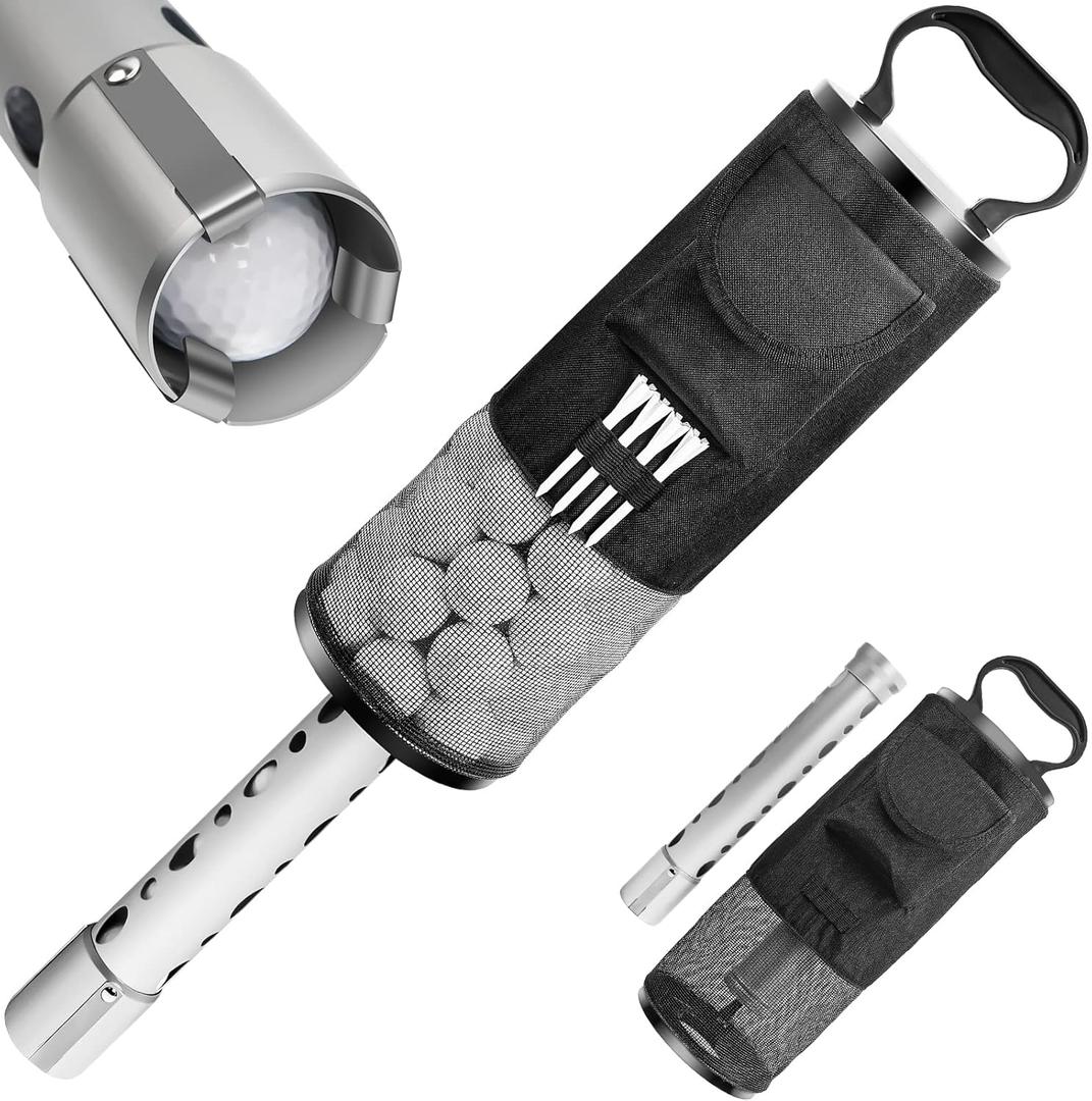 Golf Ball Retriever, Shag Bag with Detachable Aluminum Alloy/Plastic Tube, Pocket & Tee Holder, Holds up to 80 Balls
