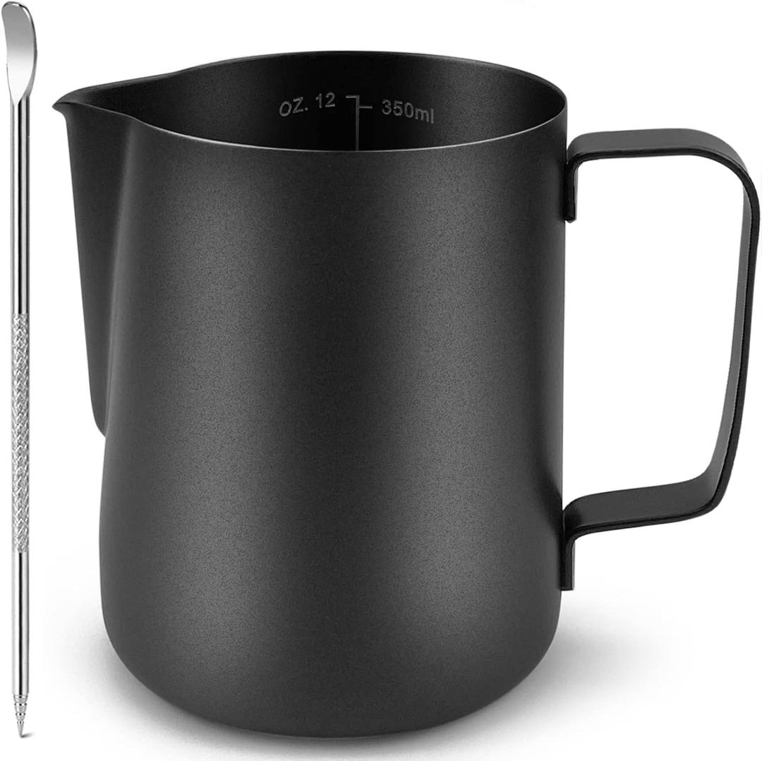 CAMKYDE Stainless Steel Milk Frothing Pitcher 12 oz, Espresso Steaming Pitcher with Decorating Pen for Espresso Machines, Cappuccino, Latte Art (Matte Black)