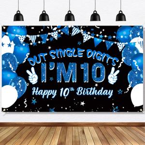 10th Birthday Decorations Happy 10th Birthday Banner for Boys, Peace Out Single Digits Im 10 Double Digits Birthday Party Supplies 6 x 3.6ft