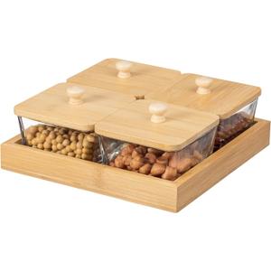 Basicwise Set of 4 Square Glass Jars with Bamboo Lids and Wooden Tray  Square Charcuterie, Snack Organizer and Fruit Platter for Party, Candy Jars, Cookies, Nuts, Fruits and Snack Box
